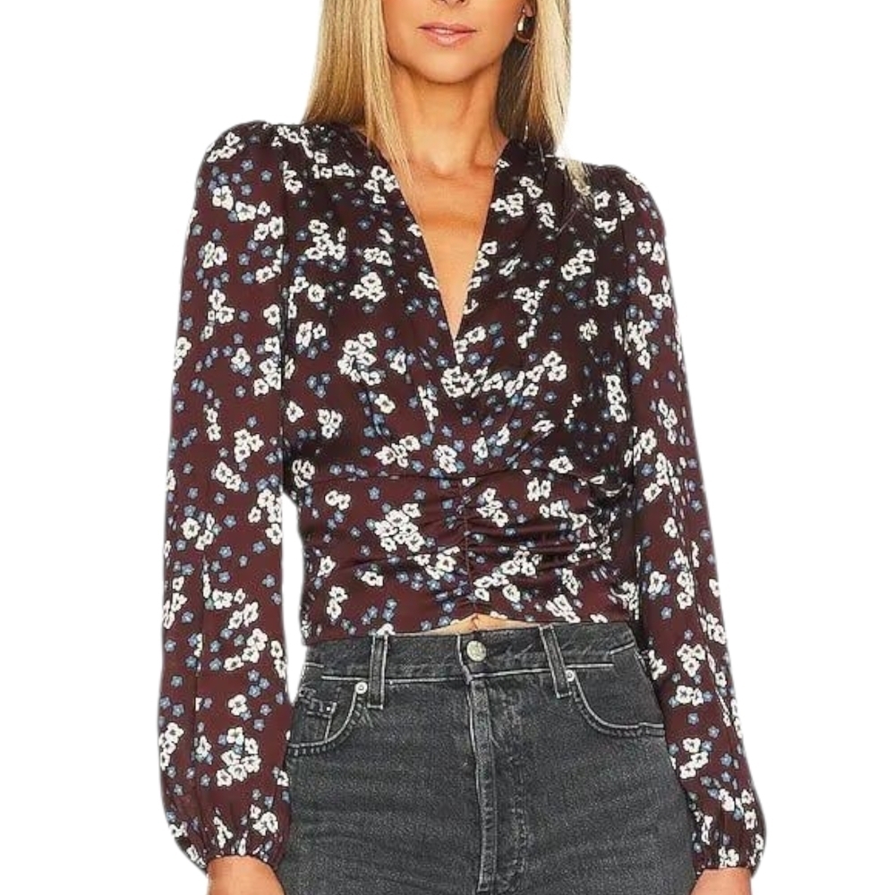 Heartloom Floral Blouse Long Sleeve Brown Blue Blouse Sz S M
